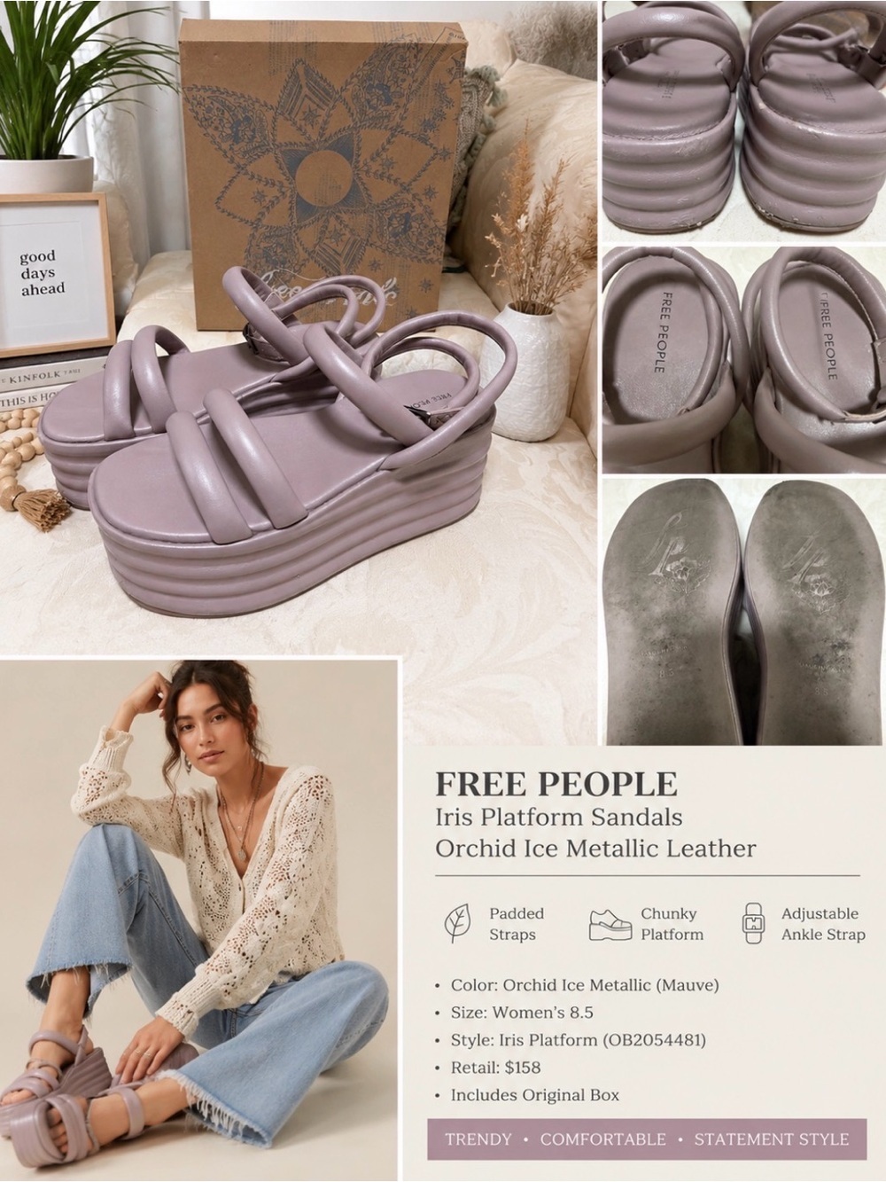 Free People Iris Platform Sandals 8.5 Mauve Orchid Ice Metallic Leather